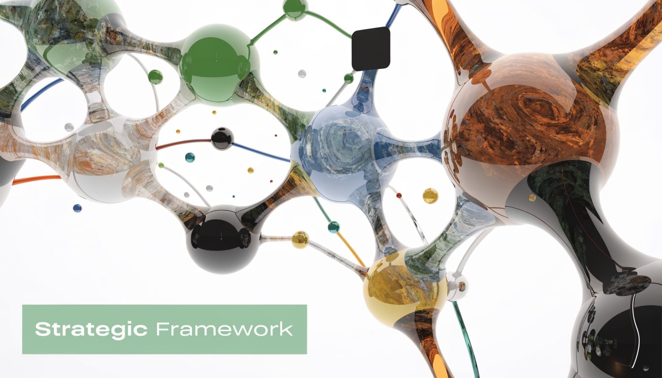 A 3D abstract network of interconnected spheres with various textures representing a strategic business framework.