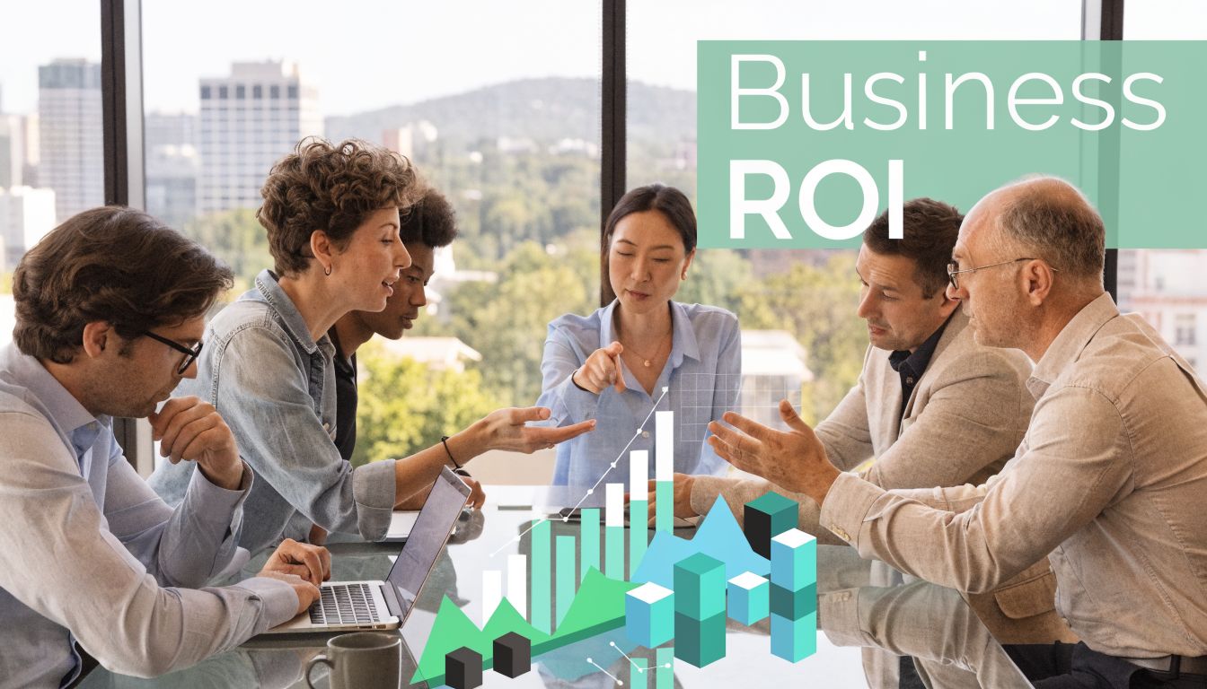 A diverse group of business professionals collaborating at a meeting table with digital data charts visible.