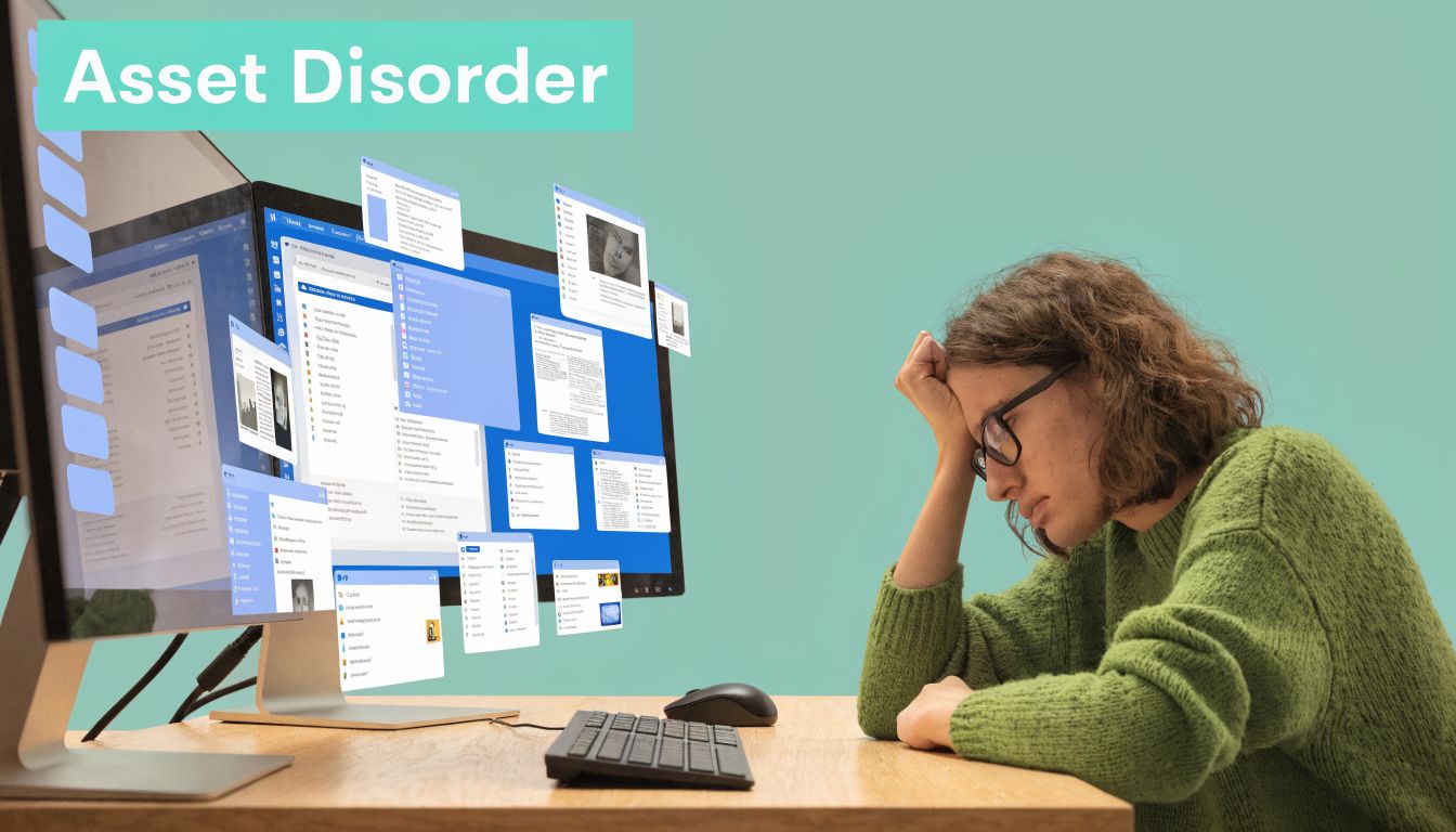 A person looking overwhelmed at a computer screen cluttered with numerous floating digital file windows.