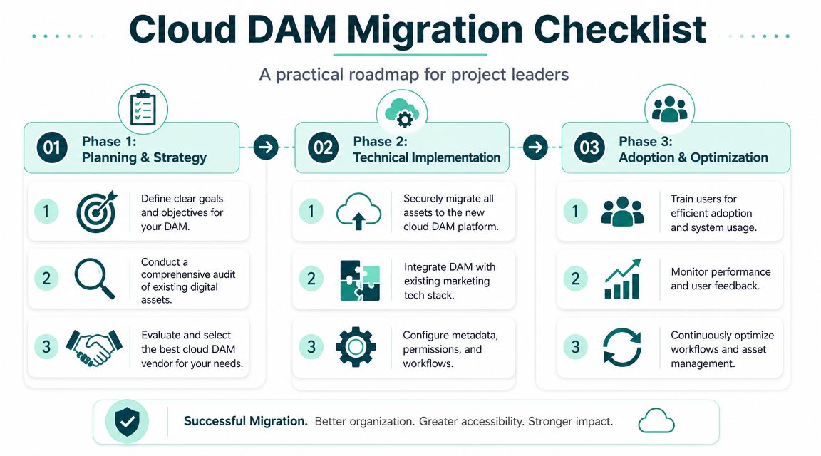 A structured three-phase infographic showing the steps for a cloud digital asset management migration project.