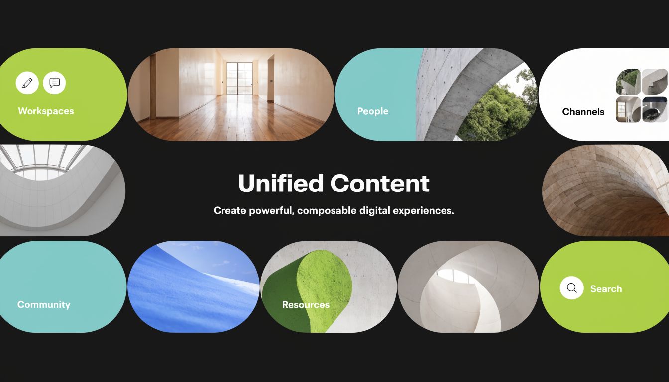 A modern interface featuring buttons for digital workspace management, community, people, resources, and search options.