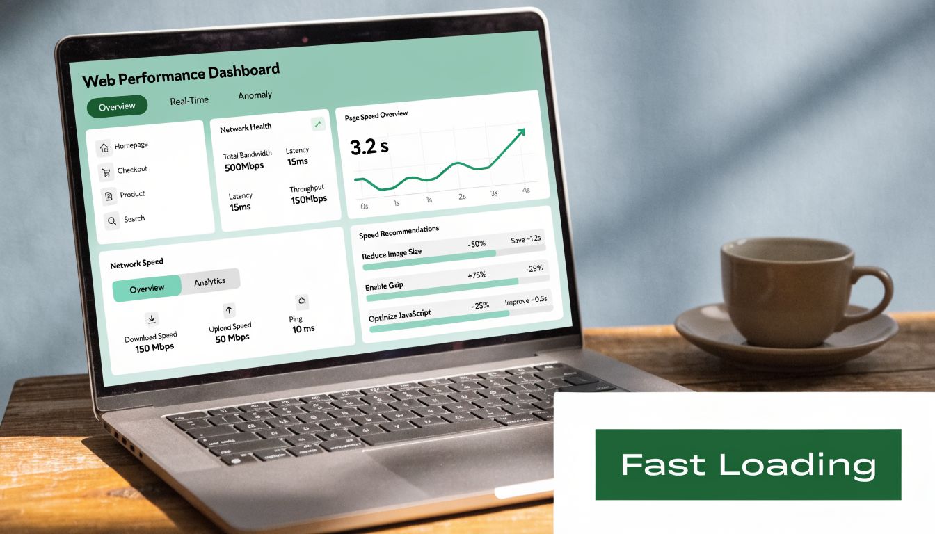 A laptop screen displaying a web performance dashboard with network health data and speed optimization recommendations.