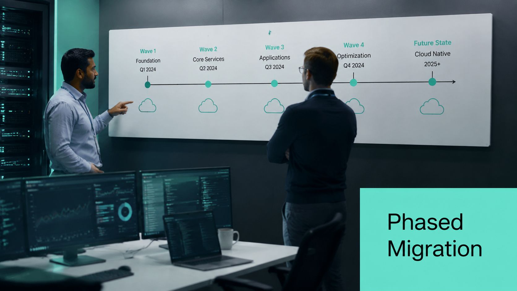 Two professionals in a server room analyzing a timeline chart on a whiteboard depicting phased cloud migration stages.