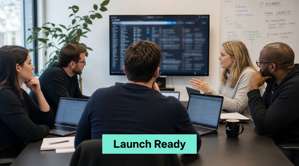 A professional team collaborating on a CMS migration project in a modern office meeting room.