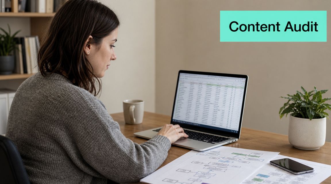 A woman working on a laptop while reviewing a content audit flowchart at her desk.