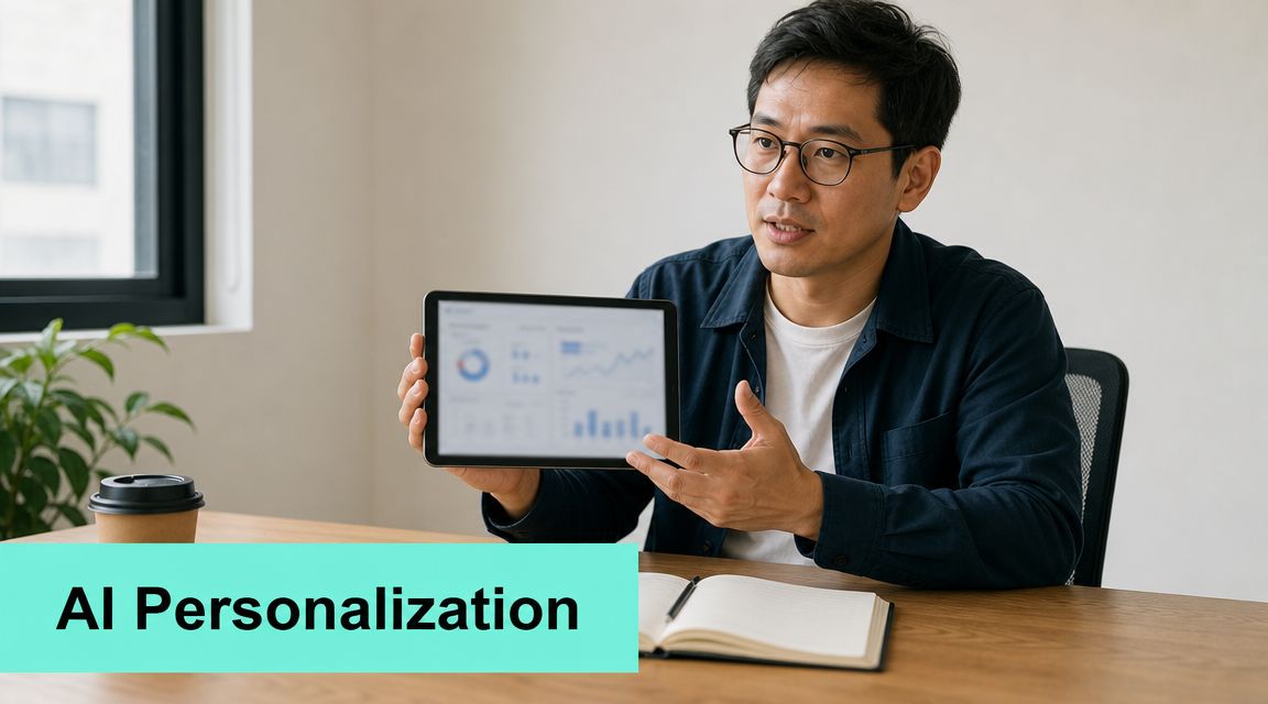 A professional man holding a tablet with data charts, explaining AI personalization strategies in an office setting.