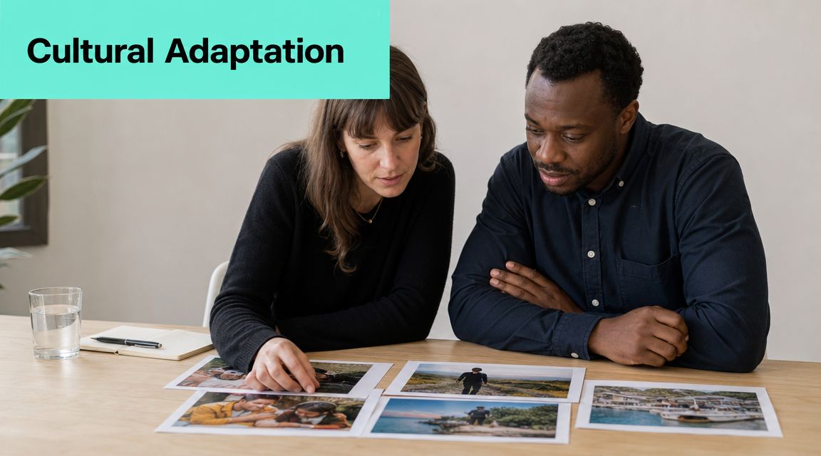 A diverse man and woman collaborating together while reviewing photographic prints on a wooden office desk.
