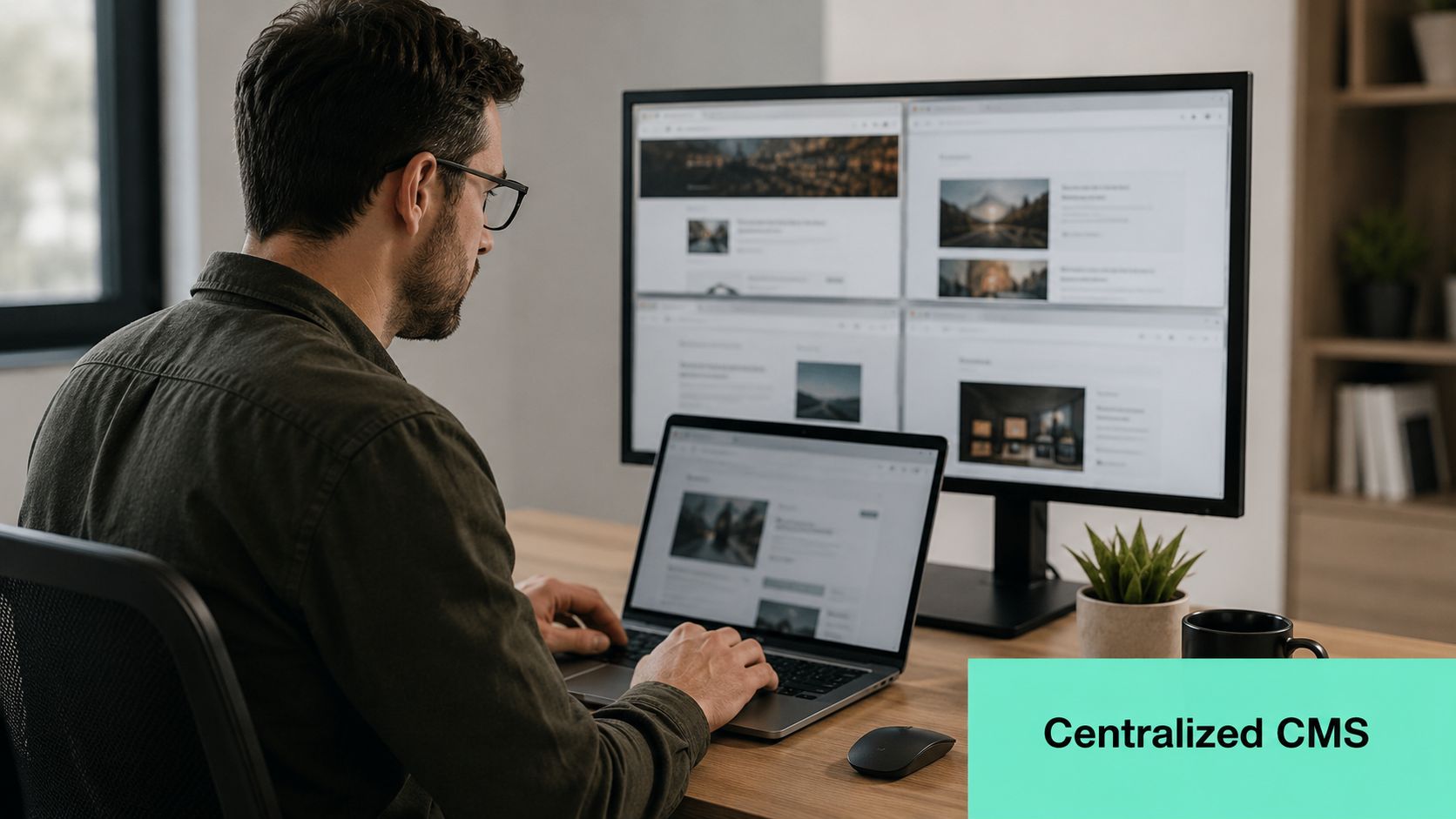 A professional man working on a laptop and external monitor setup while managing a centralized CMS system.