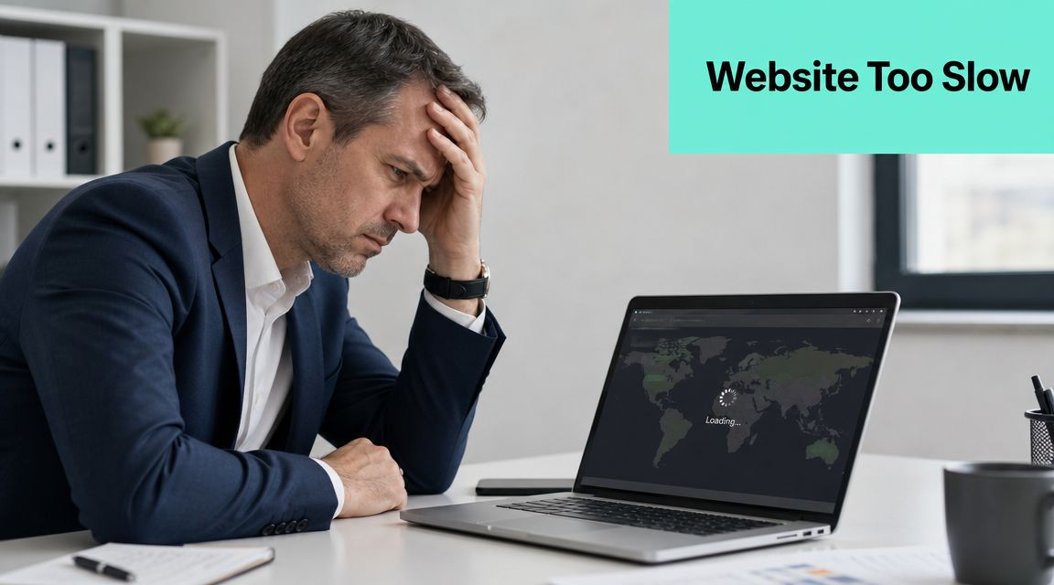 A frustrated businessman sitting at his desk looking at a laptop screen showing a slow website loading icon.