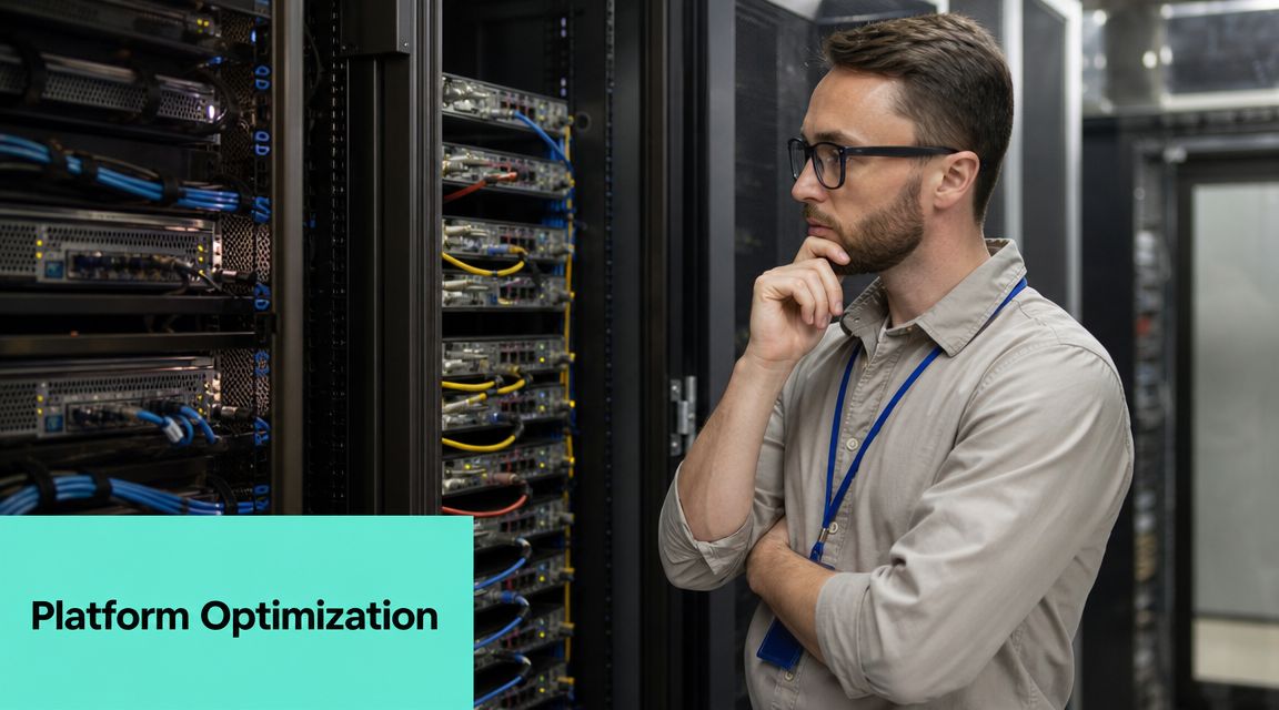 A professional IT technician examining server equipment in a data center for platform optimization and networking.