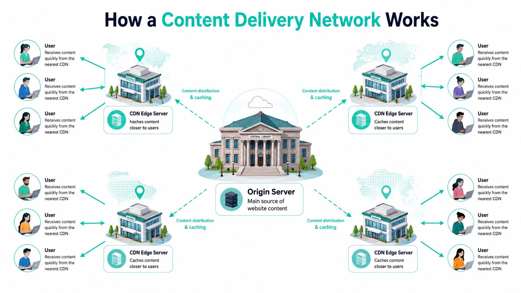 A diagram illustrating how a Content Delivery Network distributes content from an origin server to edge servers.