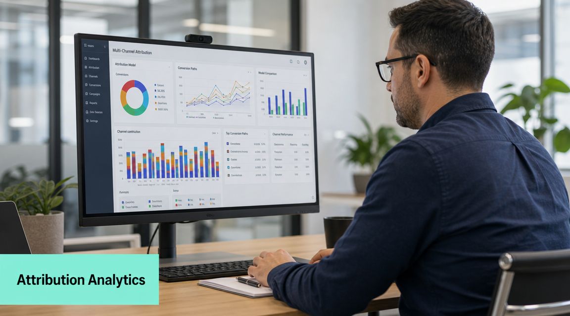 A professional analyzing multi-channel attribution data on a large computer monitor in a modern office environment.
