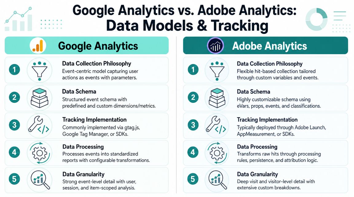 A comparison chart highlighting the differences between Google Analytics and Adobe Analytics data models and tracking methods.