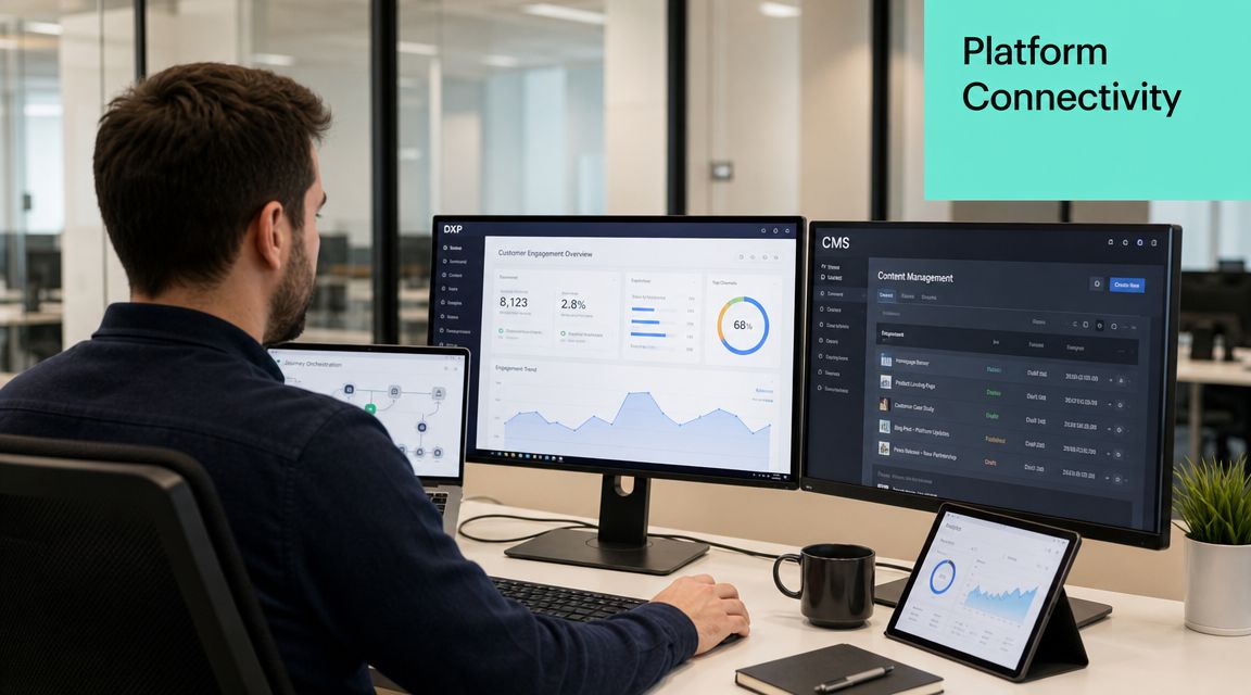 A professional working on multiple screens monitoring business analytics and content management systems at an office desk.