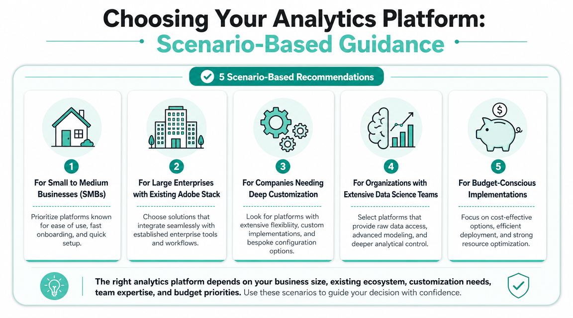 An infographic titled Choosing Your Analytics Platform outlining five distinct scenarios for selecting the right business analytics software.