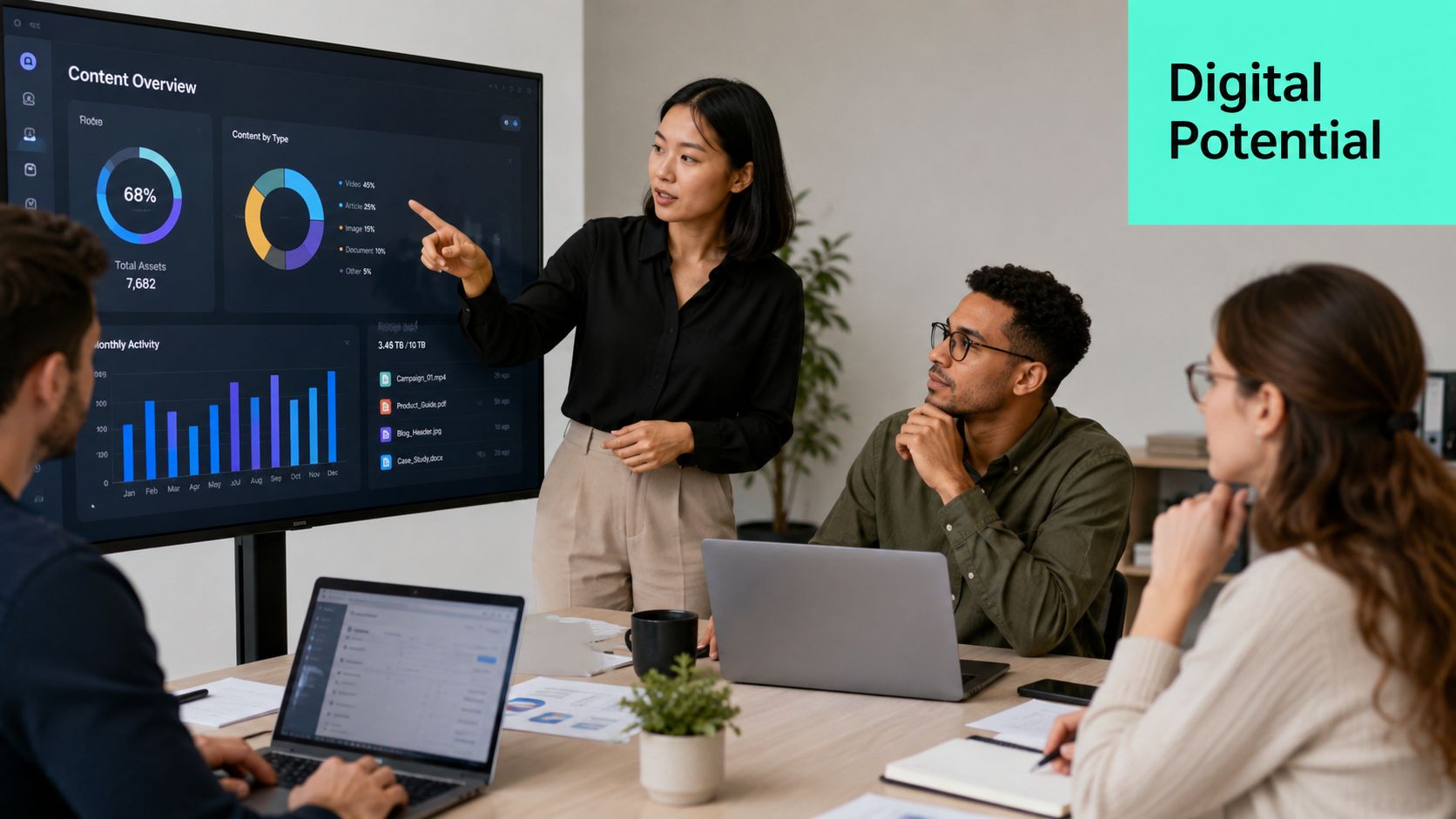 A diverse business team collaborating on a strategy project in a modern office meeting room setting.