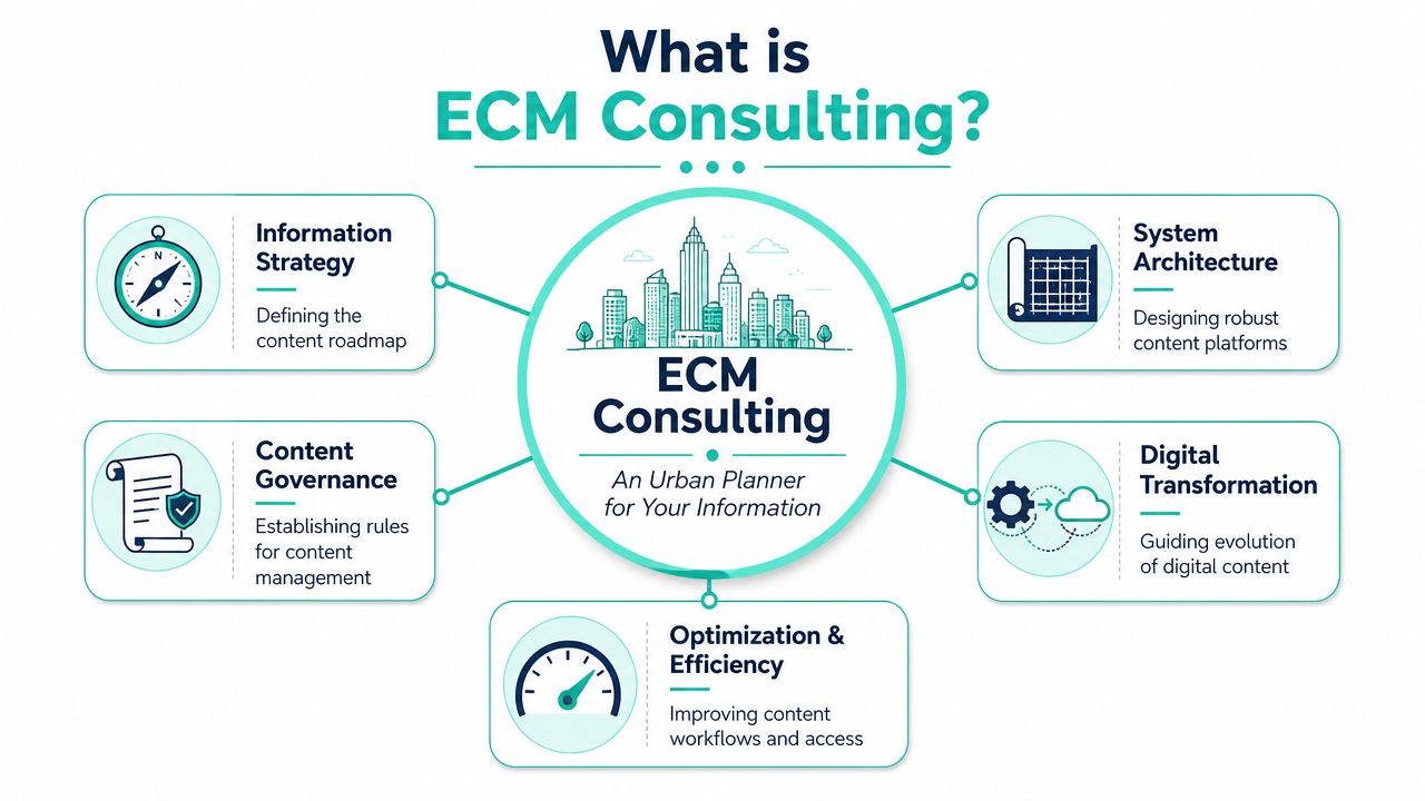 A diagram explaining ECM consulting as an urban planner for organizational information systems and content management strategies.