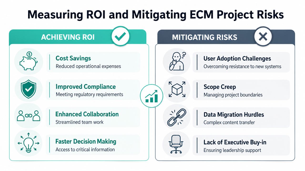 A diagram comparing the benefits of achieving ROI and the common risks in enterprise content management projects.