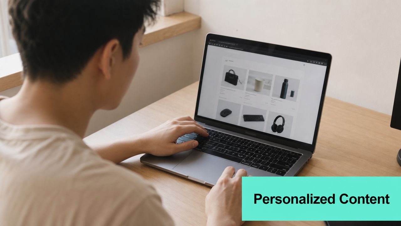 A young man sits at a wooden desk using his laptop to browse an online store.