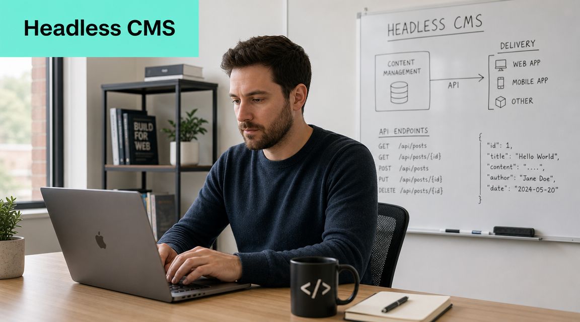 A male software developer working on a laptop with a headless CMS architectural diagram on a whiteboard.