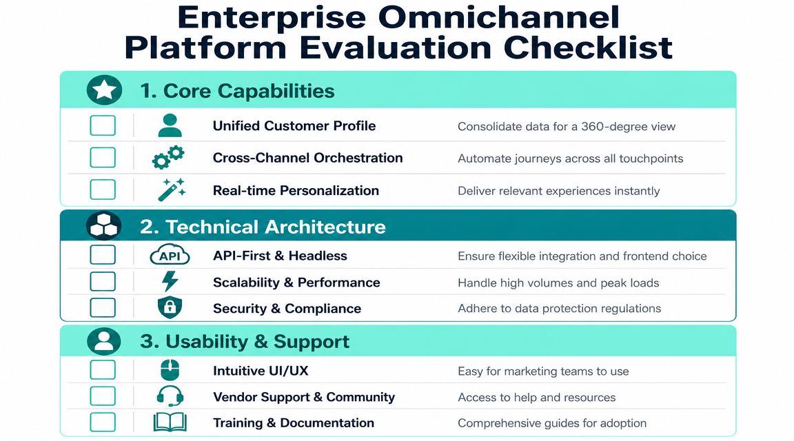 A checklist for evaluating enterprise omnichannel platforms categorized by core capabilities, technical architecture, and usability and support.