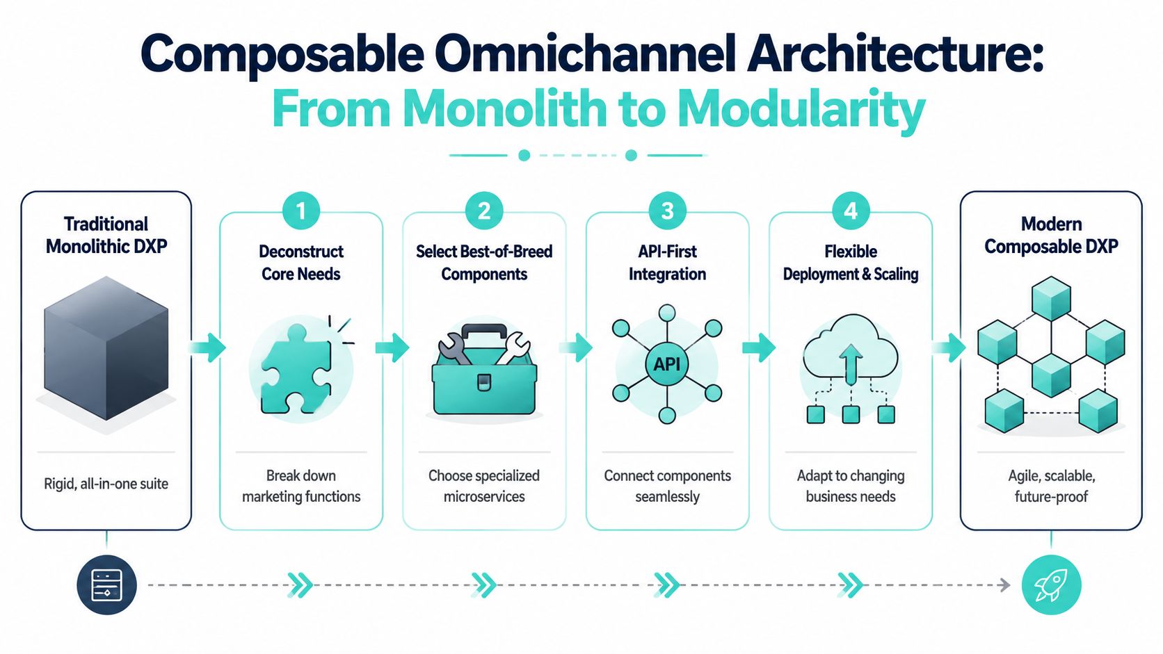 A diagram illustrating the four steps to transition from a monolithic DXP to a composable omnichannel architecture.