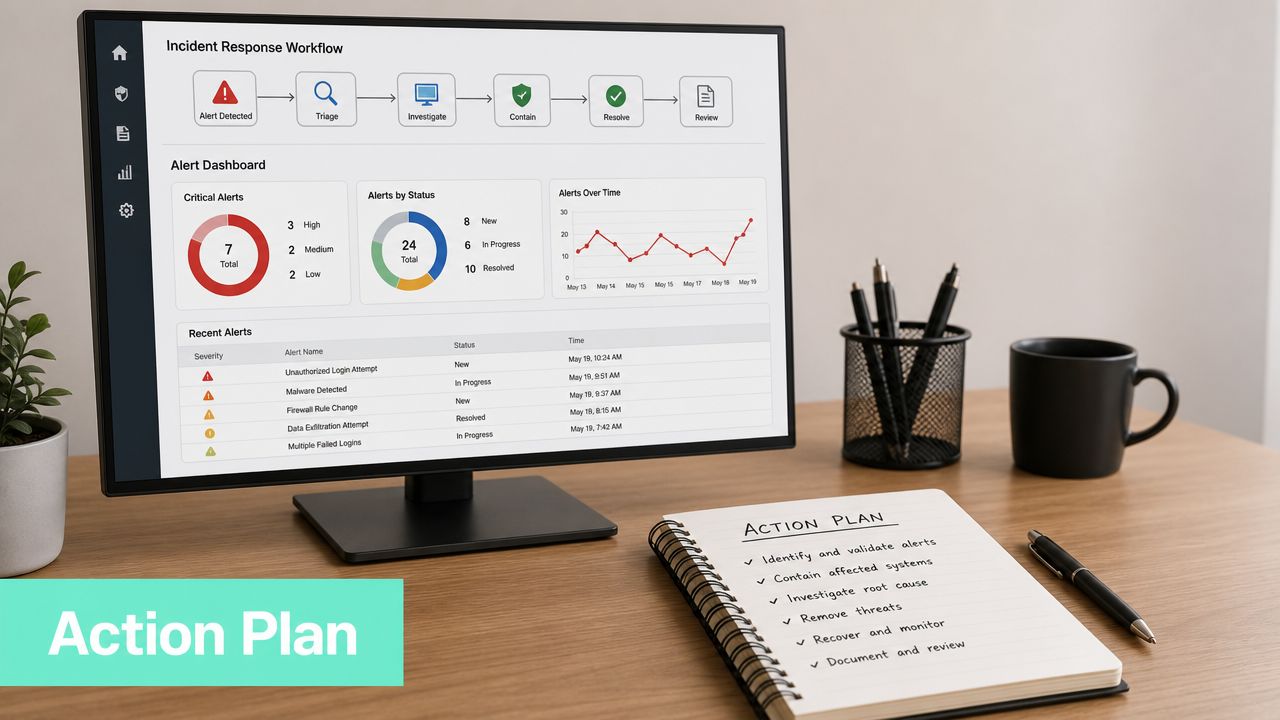 A computer monitor displaying a security dashboard with an action plan written in a notebook nearby.