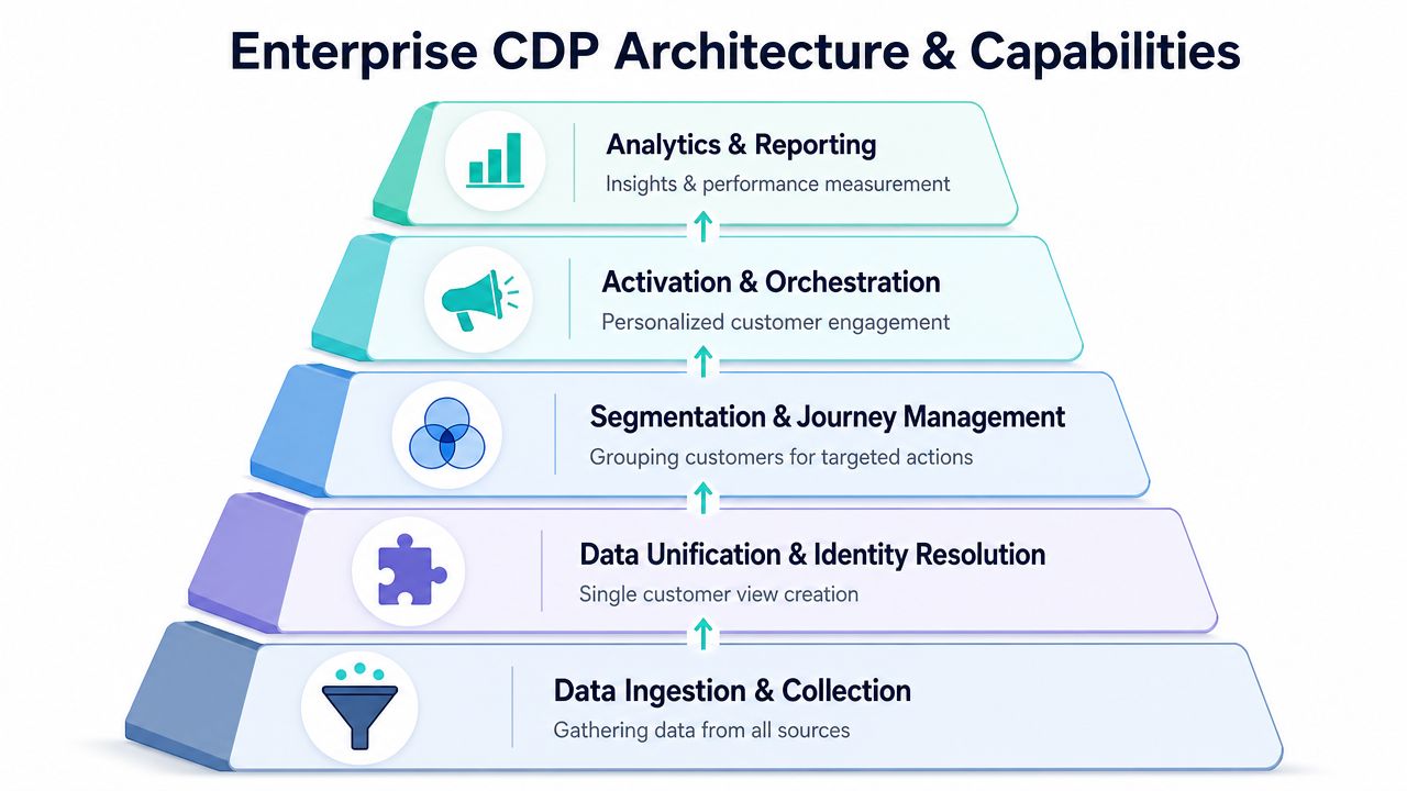A pyramid diagram showing the five core layers of Enterprise Customer Data Platform architecture and capabilities.