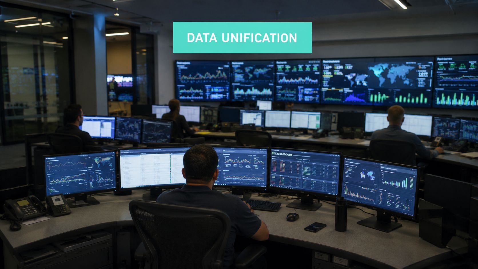 A professional data operations center with team members analyzing real-time analytics dashboards on multiple large monitors.