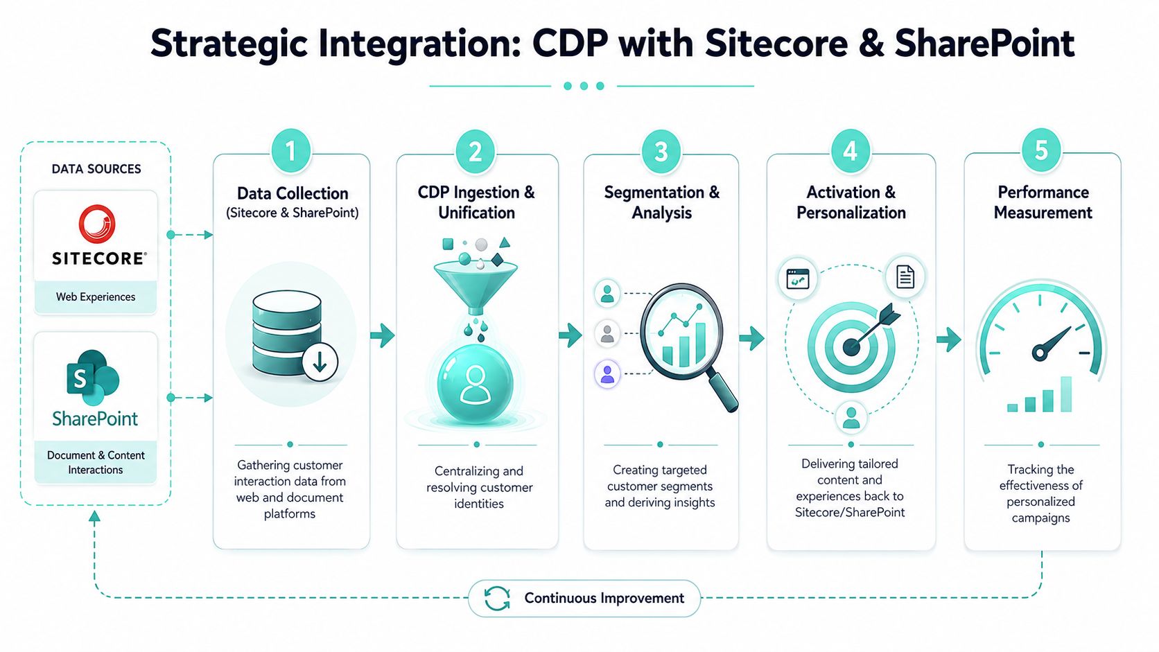 A diagram outlining a five-step strategic integration of CDP with Sitecore and SharePoint for data management.