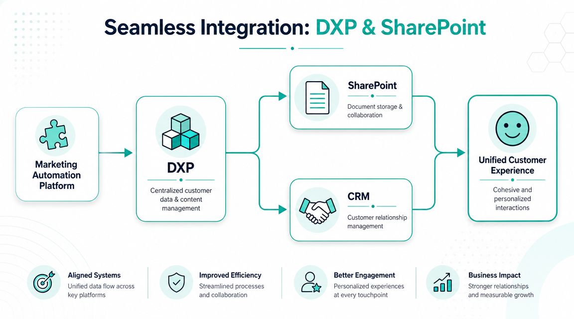 A diagram illustrating the seamless integration between a Marketing Automation Platform, DXP, SharePoint, and CRM to create customer experiences.