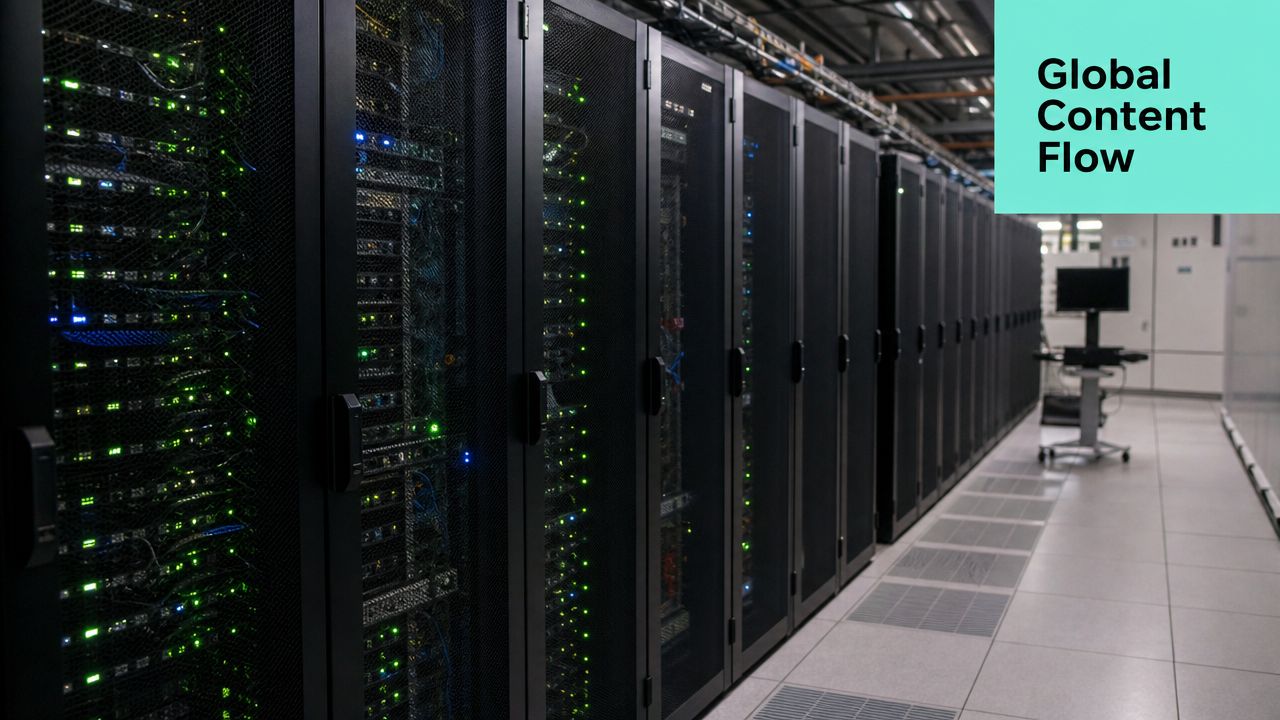 Rows of black server racks with blinking green indicator lights in a modern professional data center.