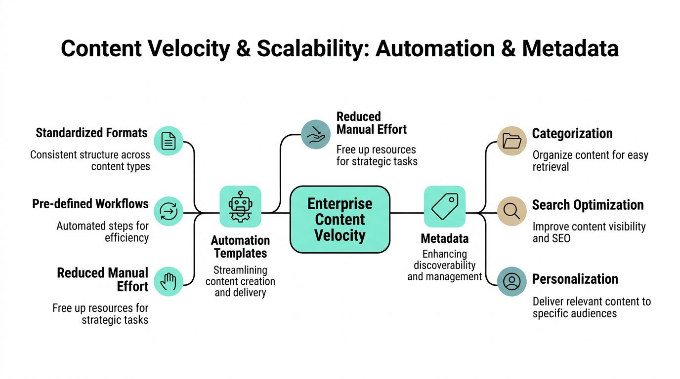 A diagram illustrating how automation and metadata strategies improve enterprise content velocity and organizational scalability.