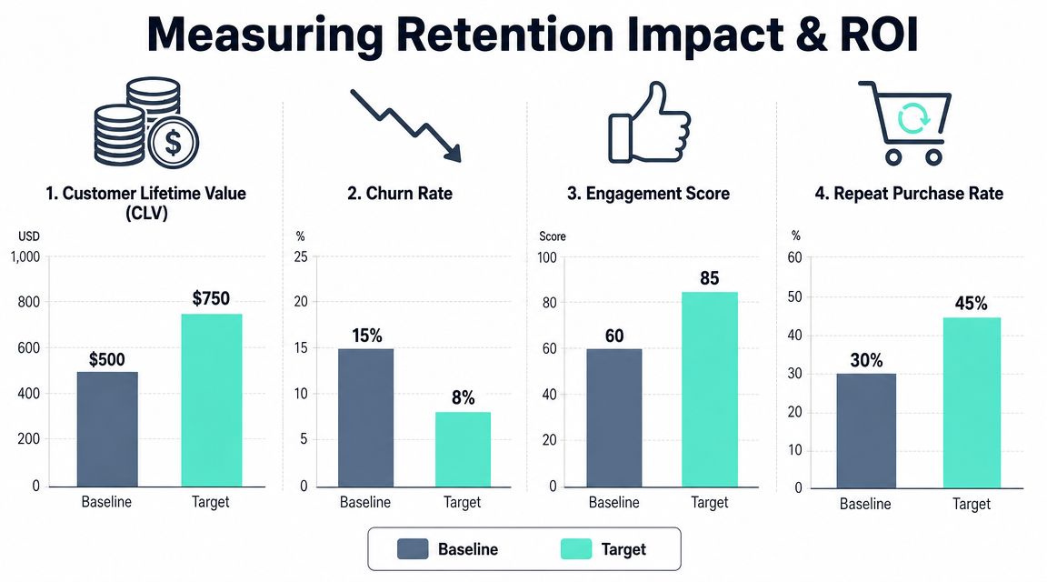 A chart comparing baseline and target metrics for customer lifetime value, churn rate, engagement, and repeat purchases.