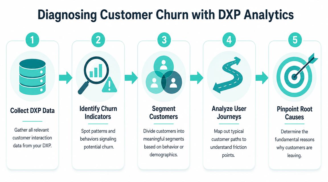 A five-step infographic illustrating the process of diagnosing customer churn using DXP analytics and data analysis.