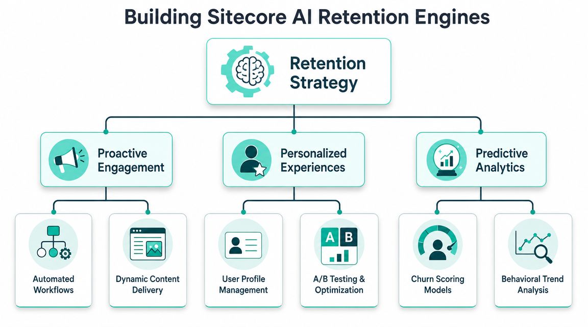 A diagram illustrating Sitecore AI retention strategies including proactive engagement, personalized experiences, and predictive analytics components.