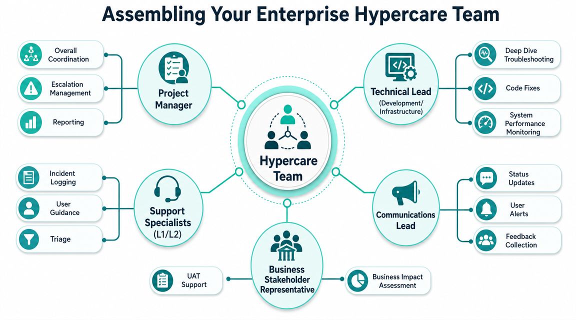 An organizational chart showing the essential roles and responsibilities for an enterprise hypercare support team.