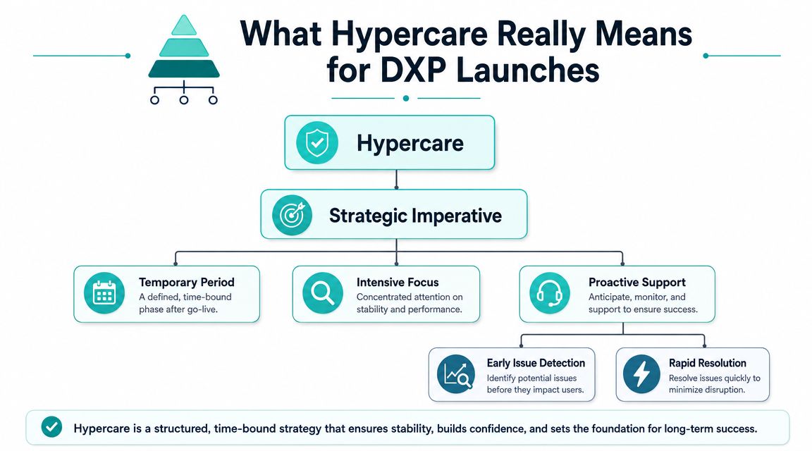 A diagram explaining the strategic imperative of hypercare for DXP launches using a hierarchical flow chart.