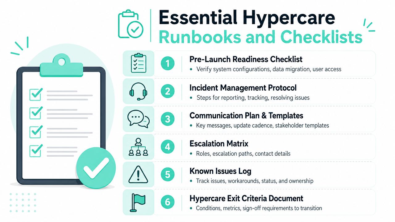 An infographic detailing six essential components for hypercare runbooks and checklists during a project launch.