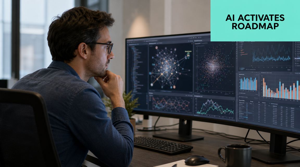 A professional man with glasses sitting at a computer desk analyzing complex AI data visualization charts.