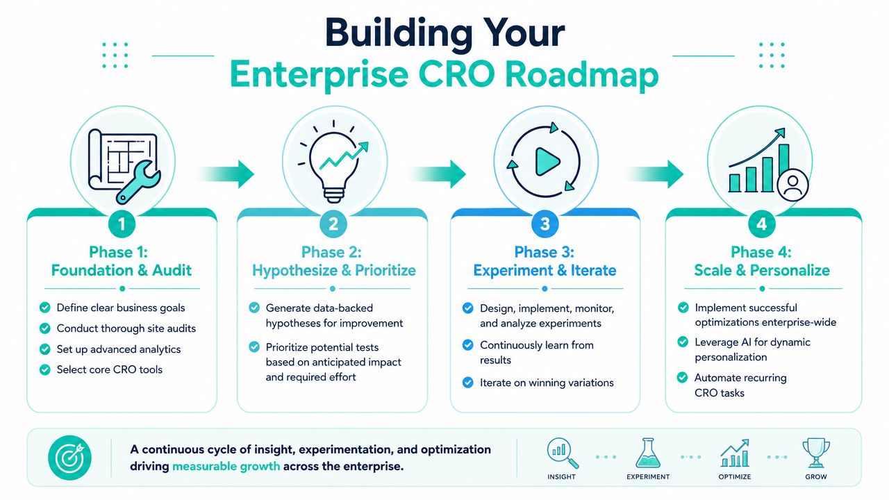 An infographic illustrating a four-phase roadmap for building an enterprise conversion rate optimization strategy.