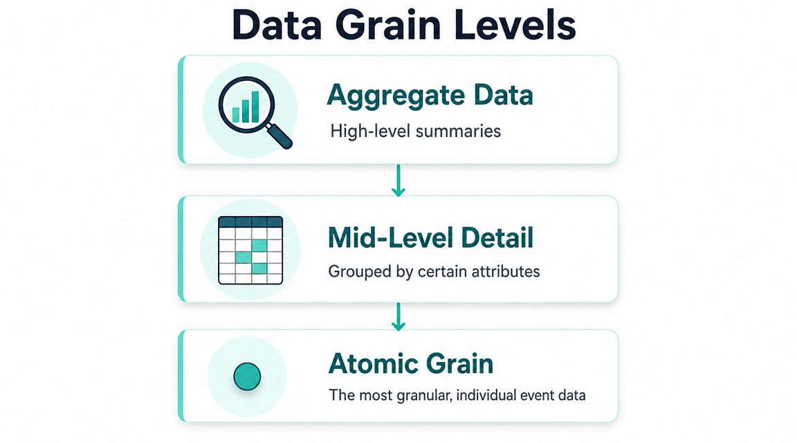 A diagram illustrating three levels of data granularity: Aggregate Data, Mid-Level Detail, and Atomic Grain.