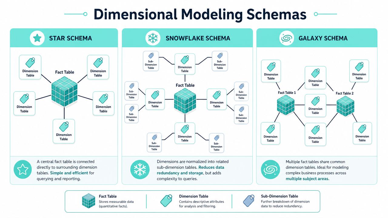 A diagram illustrating the three types of dimensional modeling schemas: star, snowflake, and galaxy schemas.