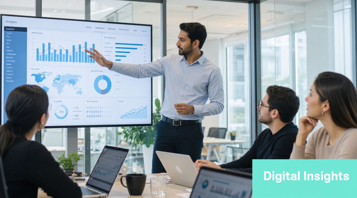 A professional man presents business data analytics and sales performance charts to colleagues in a modern office.