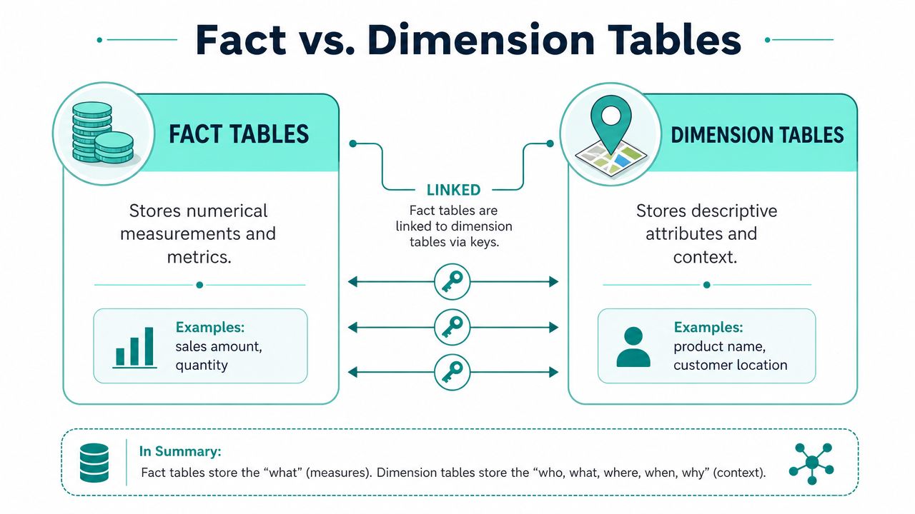 A diagram comparing fact tables and dimension tables used in data warehousing and business intelligence systems.