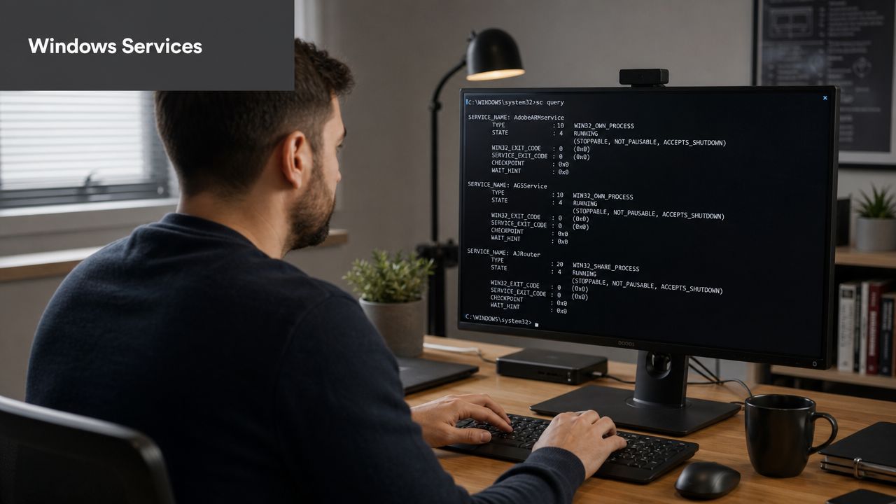 A person sitting at a computer workstation, typing commands into the Windows Command Prompt to manage services.