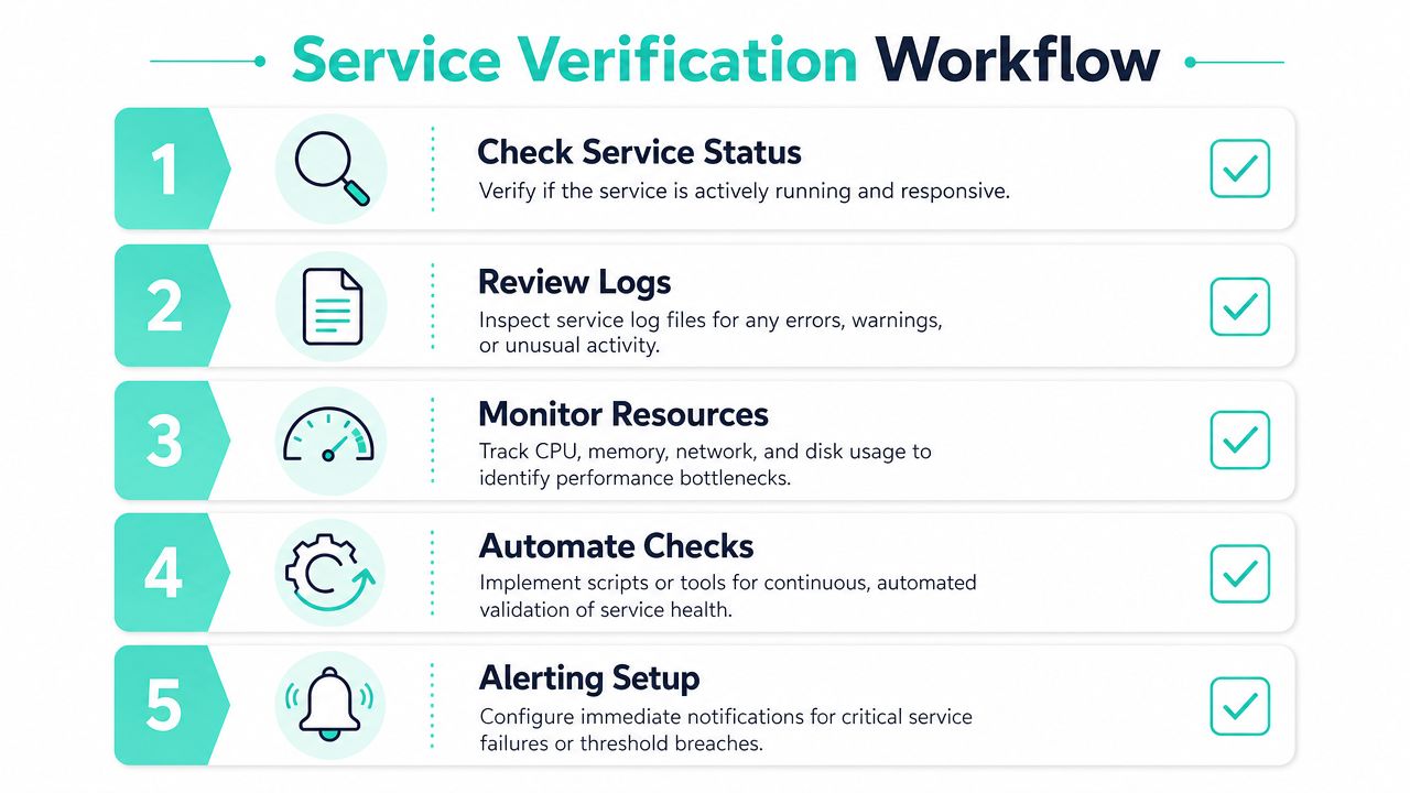 An infographic titled Service Verification Workflow listing five numbered steps for monitoring and maintaining system services.