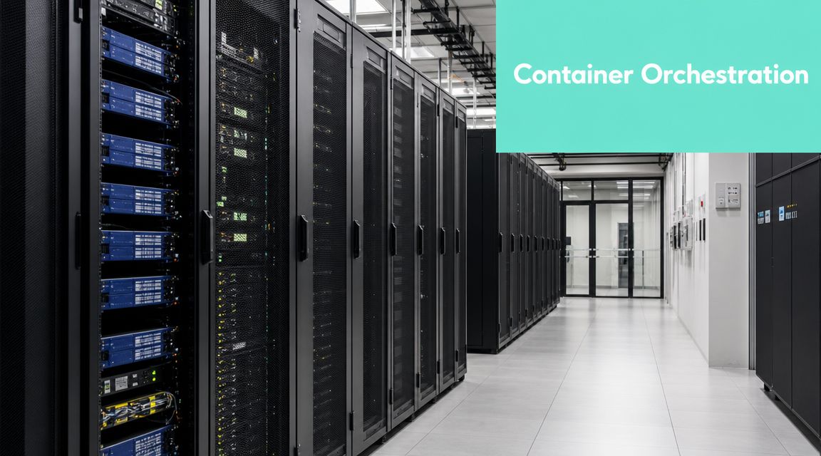 A modern data center featuring rows of server racks with blue LED indicator lights.