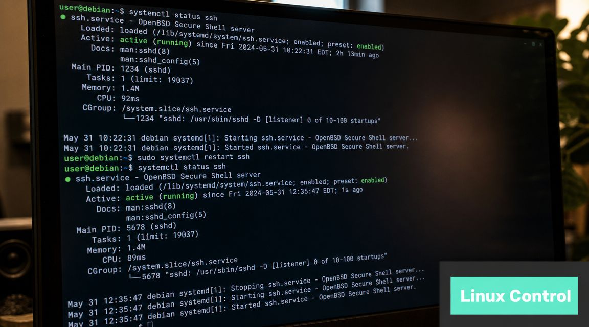 A computer screen displaying Linux command line terminal interface showing the status of the SSH service.