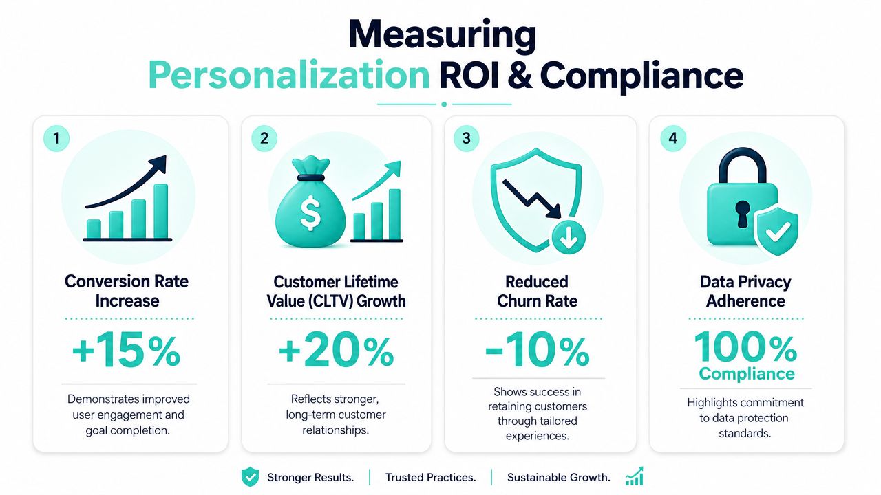 A diagram displaying four key metrics for measuring personalization ROI and compliance, including conversion, CLTV, churn, and privacy.